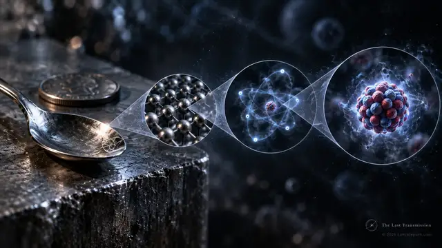 Illustrated sequence from a metal object to atoms and a compact nucleus